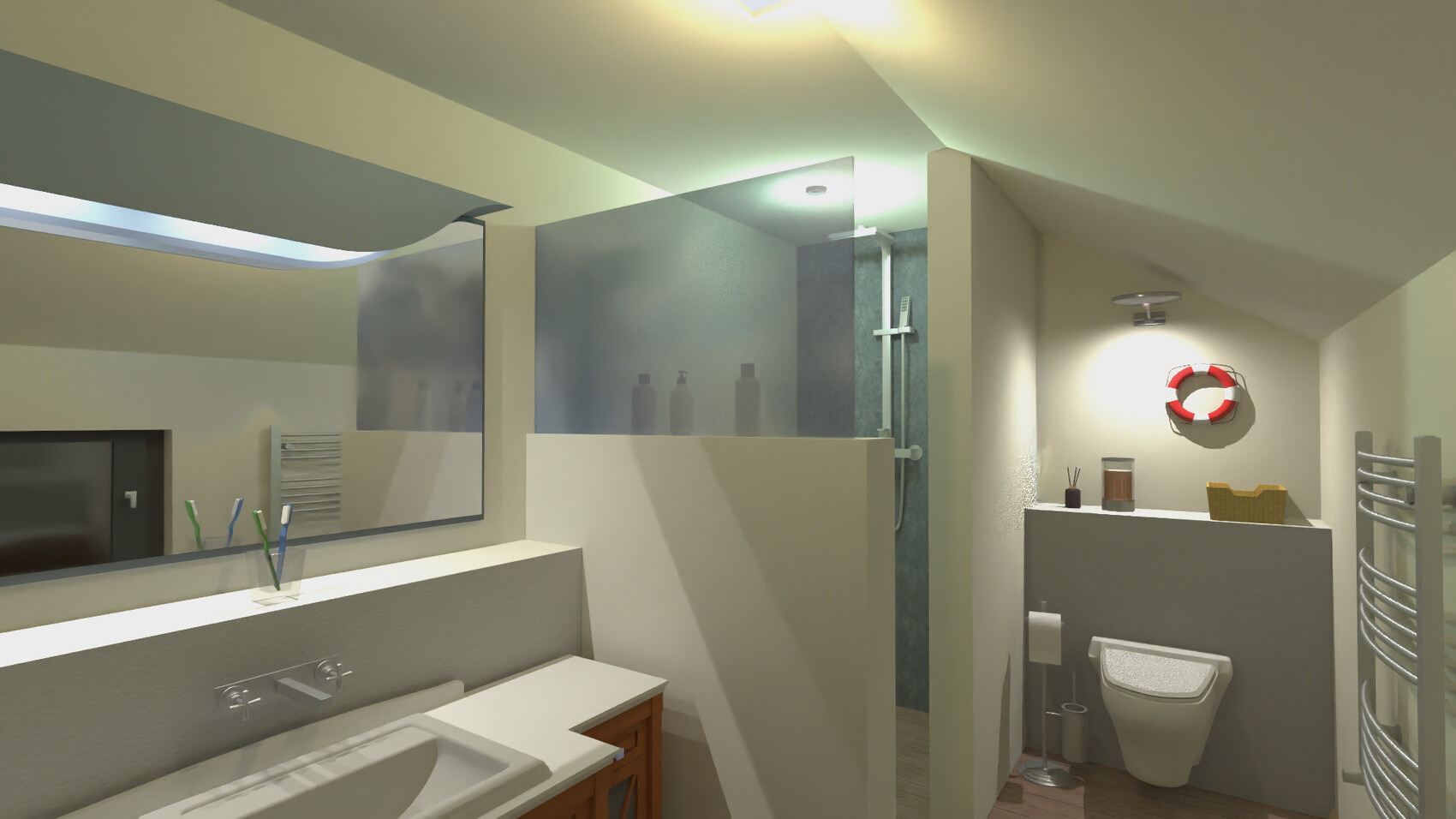Badezimmer mit Waschbecken, Spiegel, offener Duschbereich, WC und Rettungsring an der Wand.