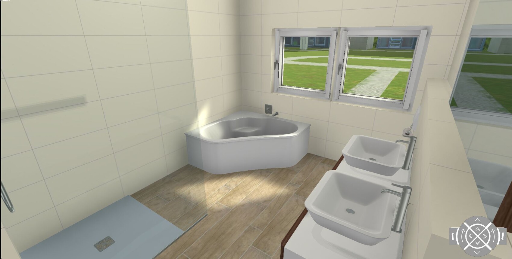 Modernes Badezimmer mit Eckbadewanne, Doppelwaschbecken und Fenster mit Gartenblick.