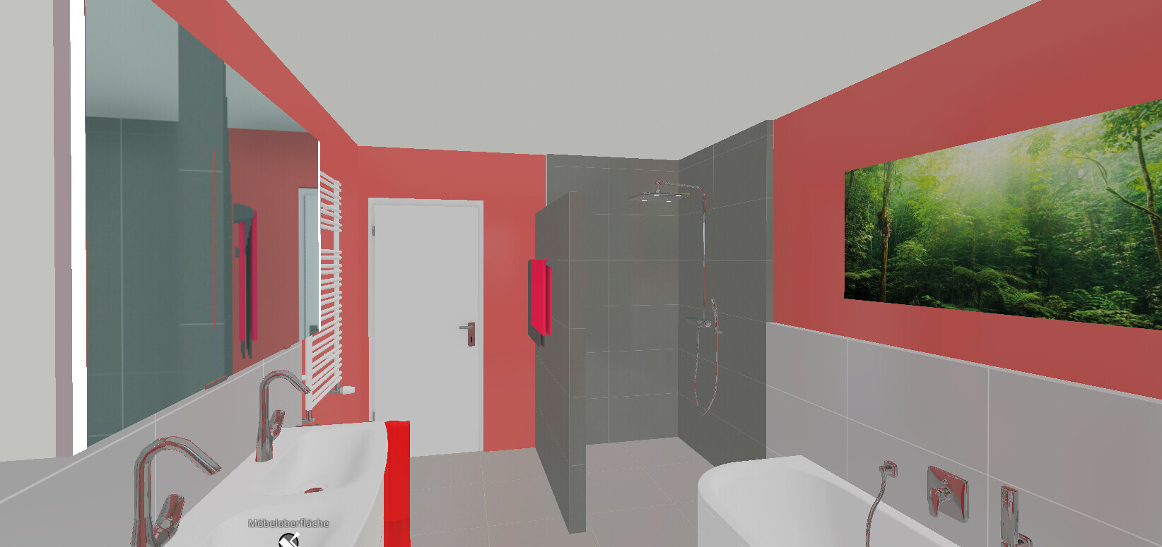 Moderne Badgestaltung mit roten Wänden, grauen Fliesen, Dusche, Badewanne und Waldbild im Fenster.