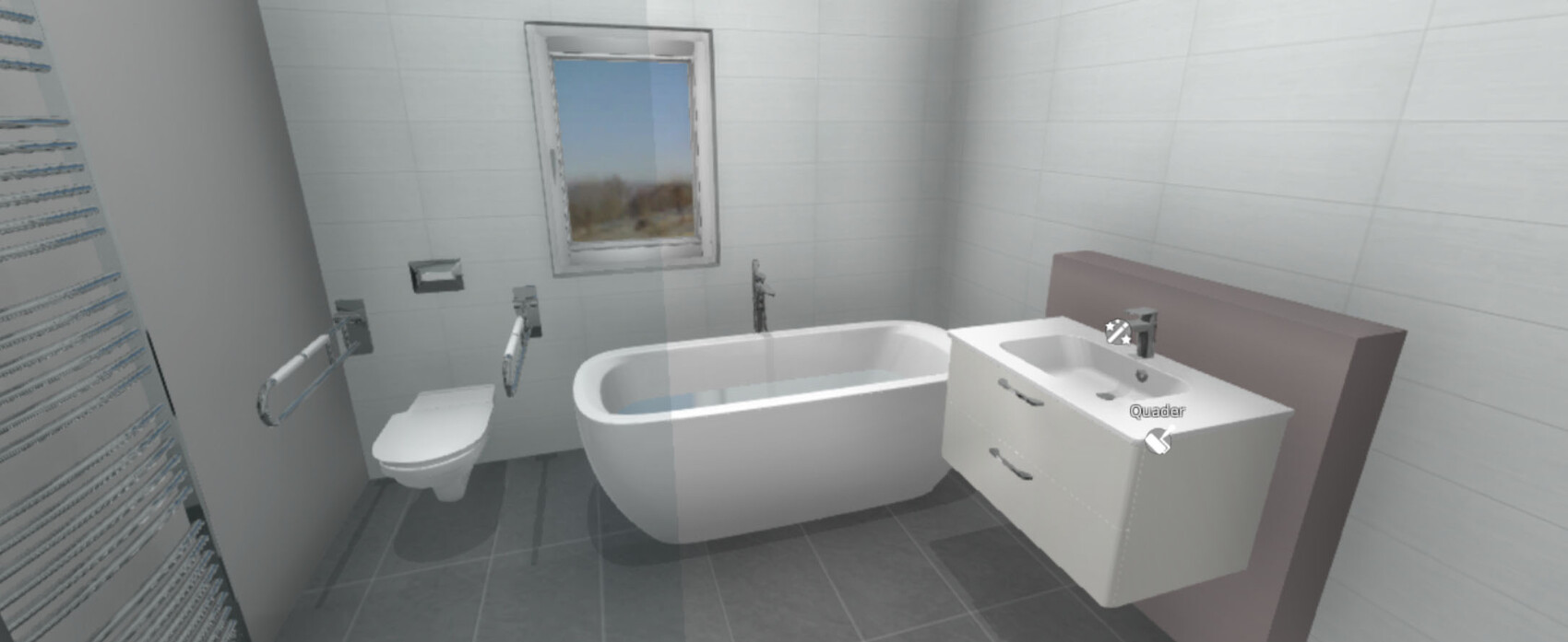 Modernes Badezimmer mit freistehender Badewanne, Waschbecken, Toilette und Fenster.