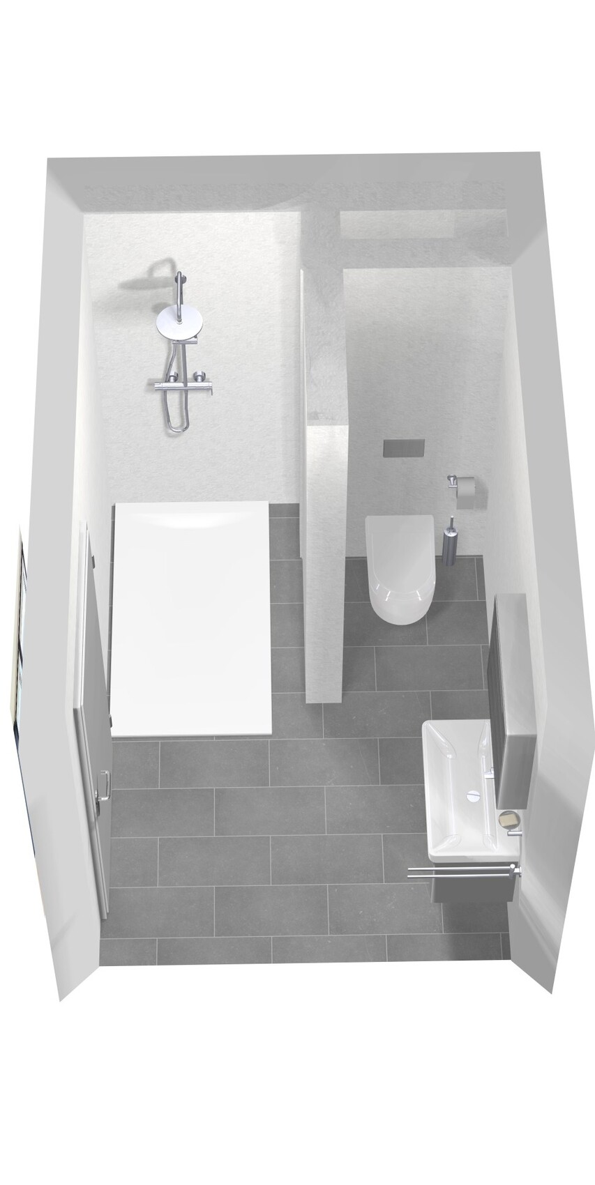 3D-Ansicht eines modernen Badezimmers mit Dusche, Toilette und Waschbecken