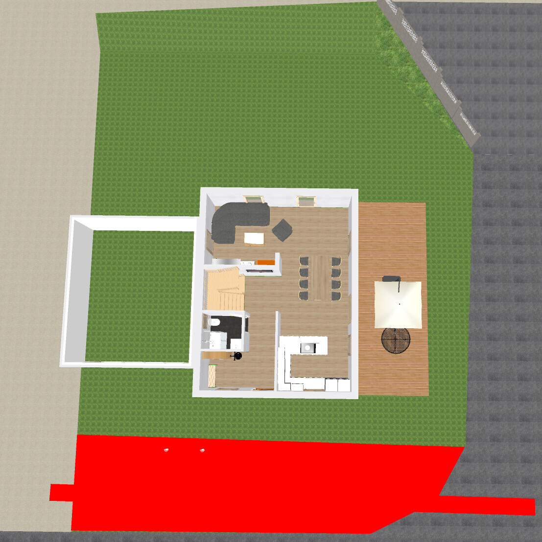 Top-Down-Ansicht eines Hauses mit grünem Garten, Wohnzimmer, Küche, Essbereich, Holzterrasse.