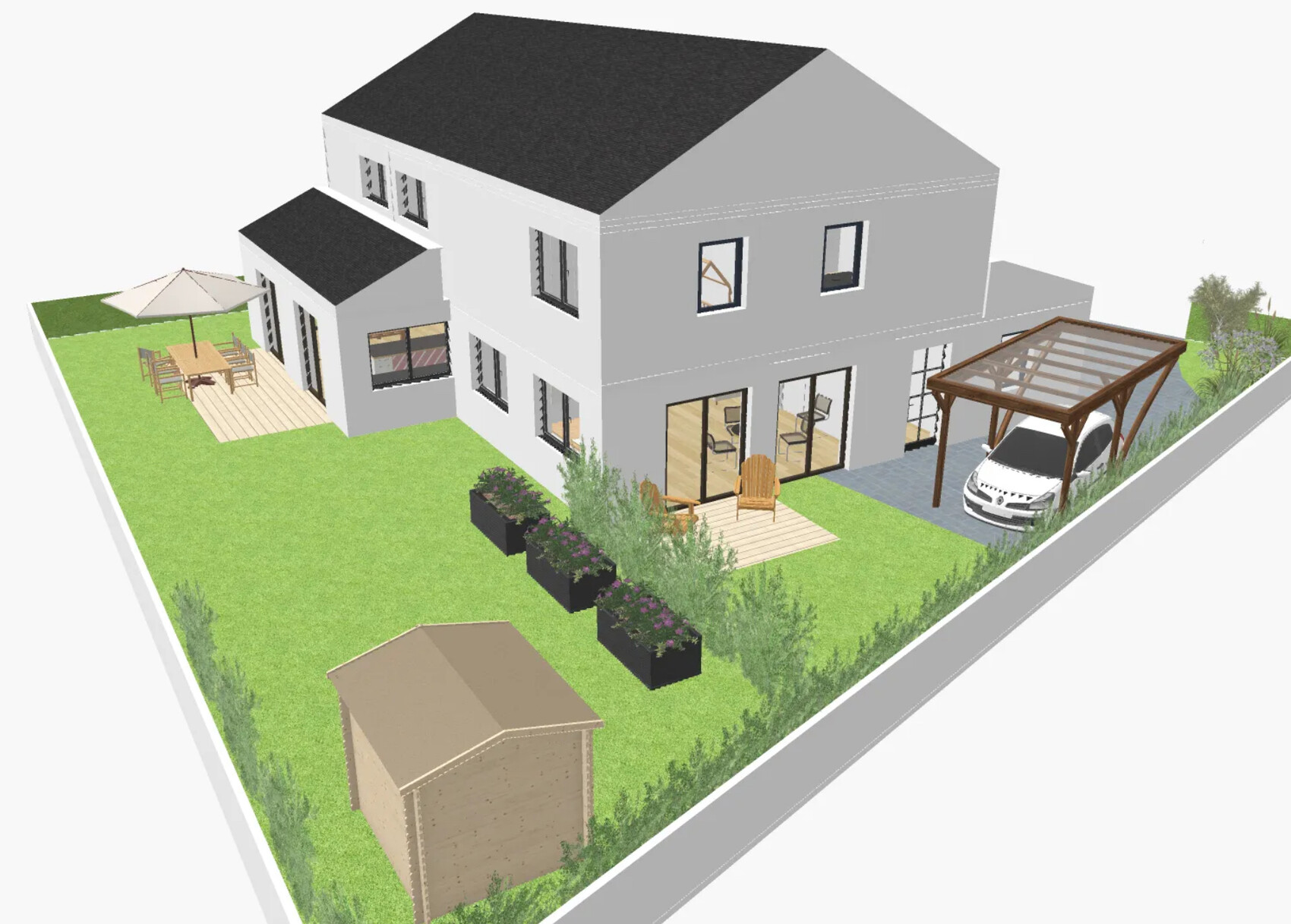 Modernes zweistöckiges Haus mit Garten, Terrasse, Pflanzkübeln und Carport mit Auto.