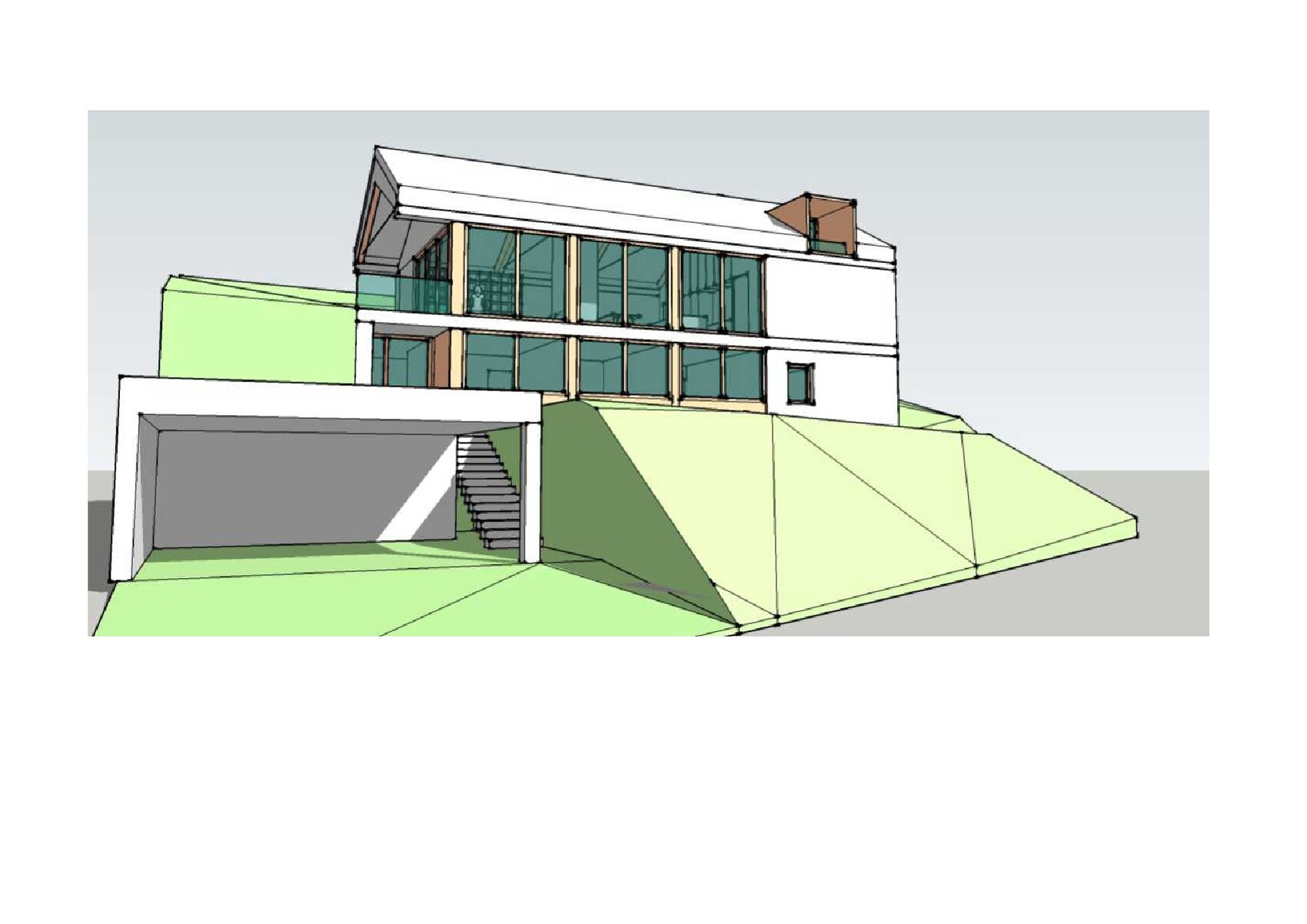 Modernes Architektenhaus am Hang mit großer Glasfassade und Garage im Untergeschoss.