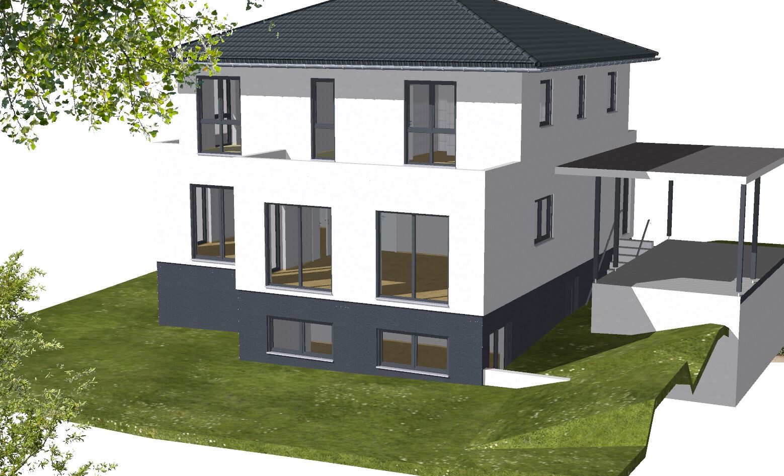 Modernes zweistöckiges Haus auf Hang mit heller Fassade, dunklem Sockel und großen Fenstern.