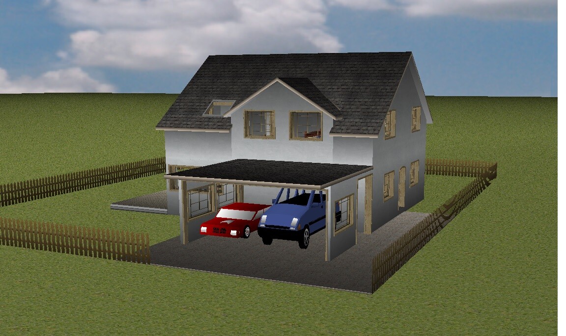 Zweistöckiges Haus mit dunklem Satteldach, Carport mit rotem und blauem Auto, Gartenzaun.