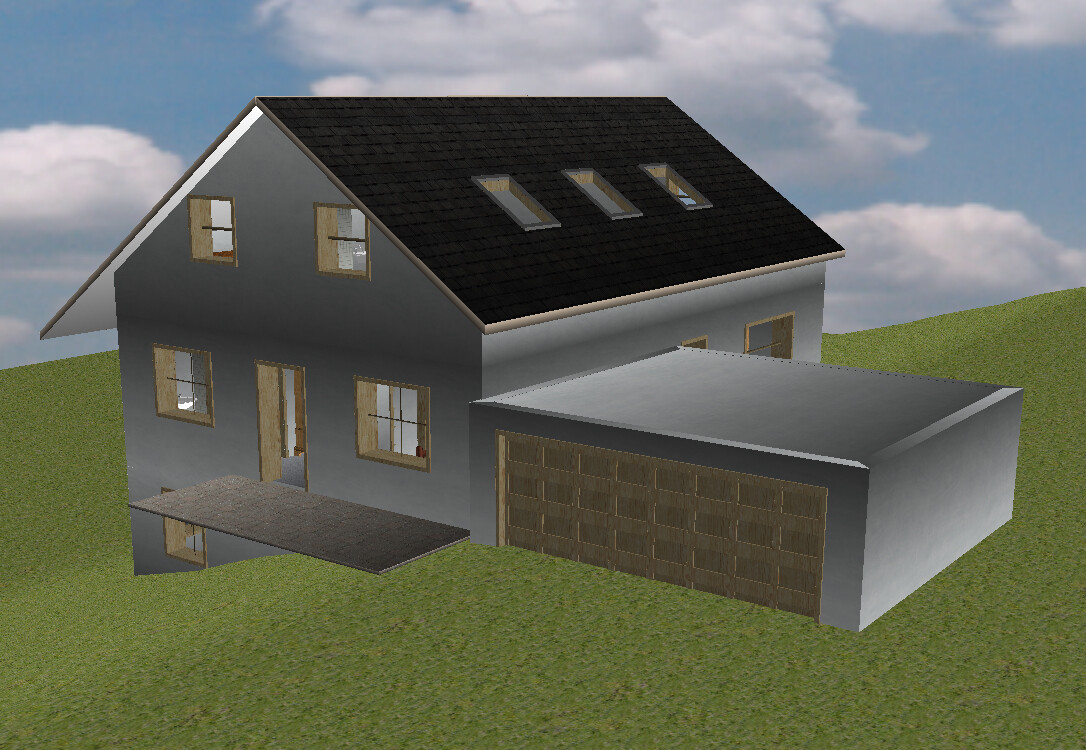 3D-Rendering eines Hauses mit Garage, graue Fassade und drei Dachfenstern.