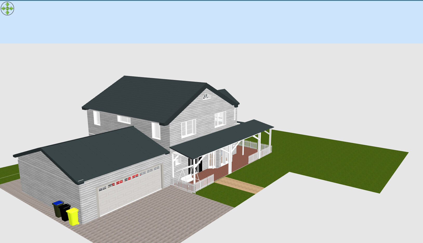 Großes zweistöckiges Haus mit Garage, Veranda, hellgrauer Holzverkleidung, dunklem Dach und Garten.