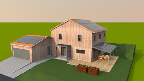 Holzhaus mit Garage, Solarmodulen, Terrasse und Beete im Garten