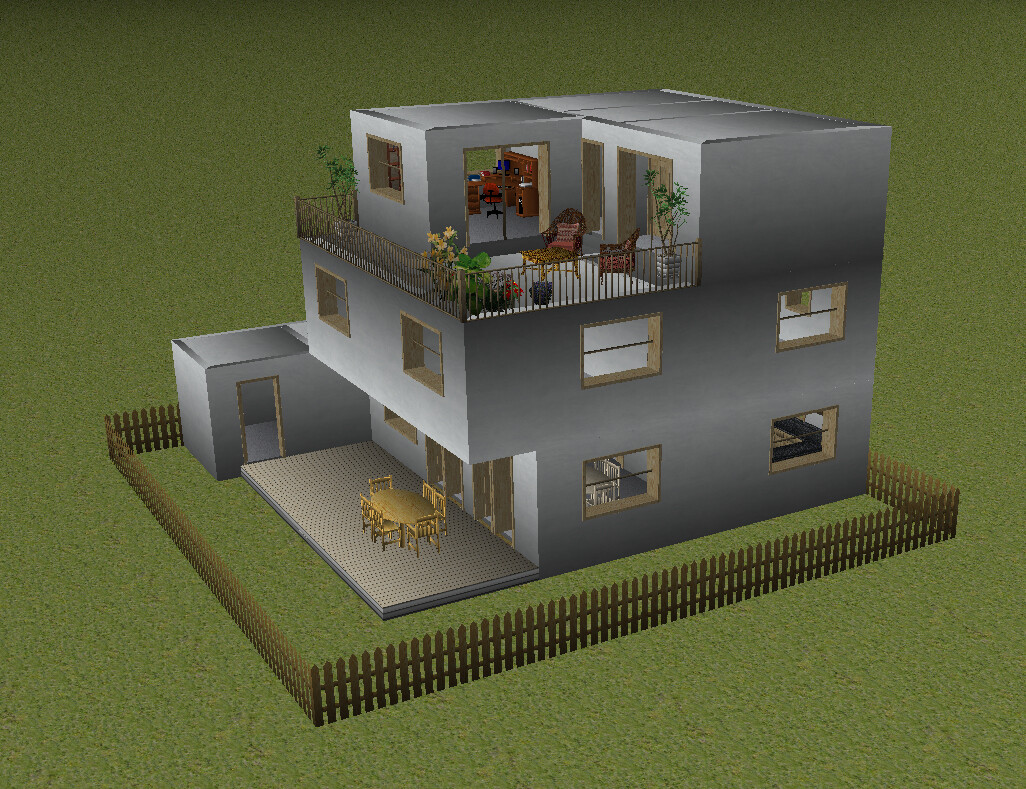 Zweistöckiges Haus mit Dachterrasse, Balkonmöbeln, Terrasseneinrichtung und Garten.