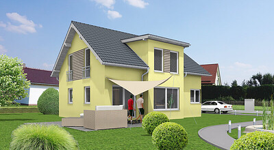 3D-Hausmodell mit gelber Fassade, Terrasse und Gartenanlage