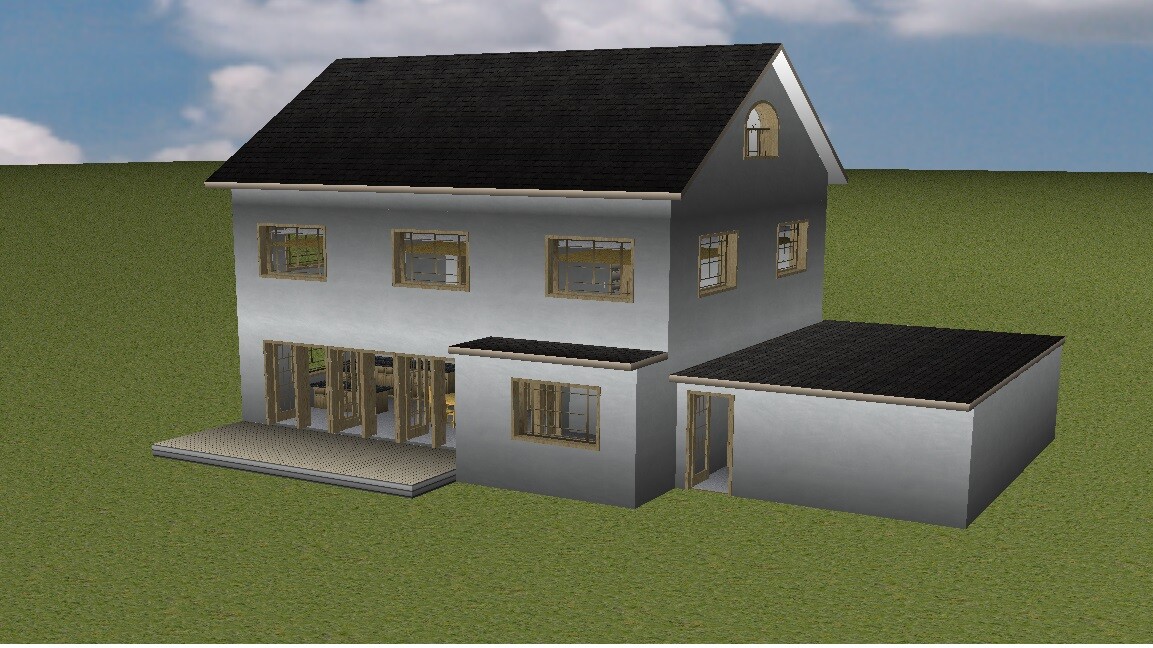 Zweistöckiges Haus mit grauer Fassade, schwarzem Satteldach, großen Fenstern und Anbau auf Gras