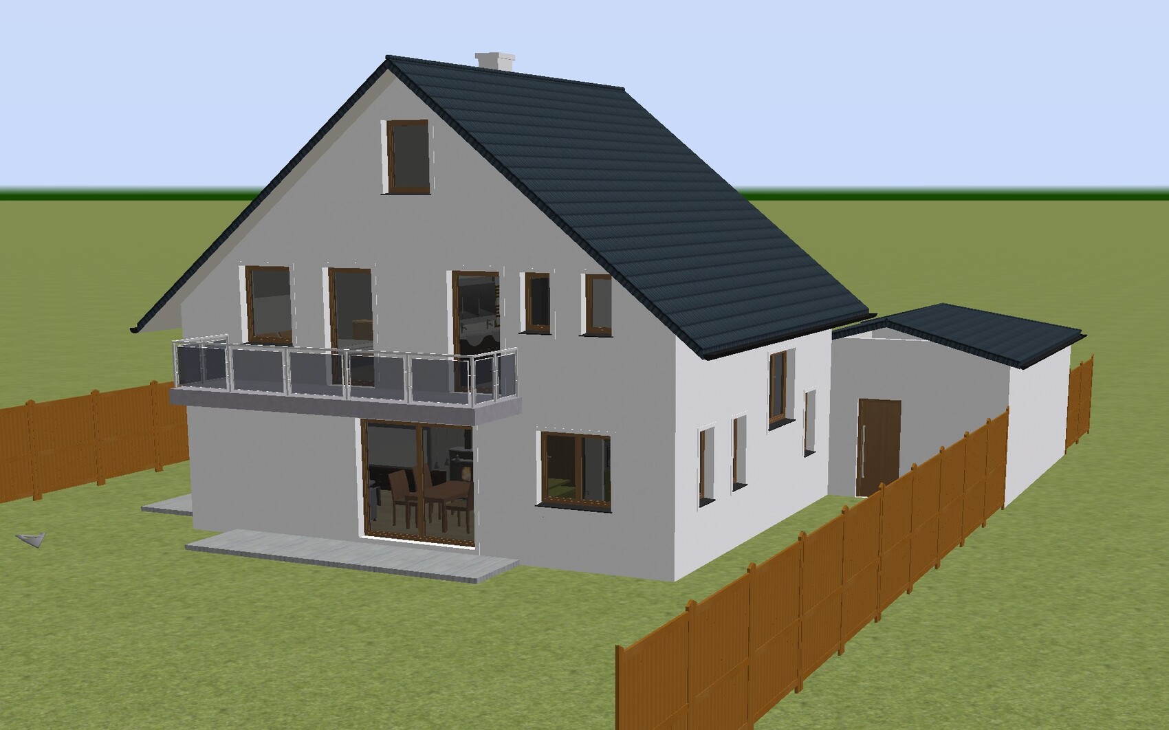 Moderne zweigeschossige Villa mit Dach, Balkon mit Glasgeländer und Gartenzaun.