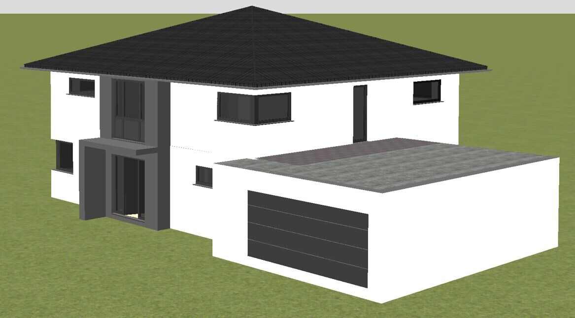 3D-Hausmodell mit Garage, Flachdach und weißen Wänden auf grünem Grundstück