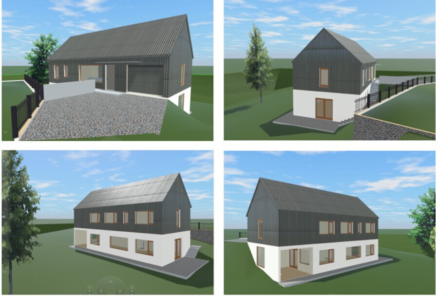 Vier Ansichten eines modernen zweistöckigen Hauses mit dunkler Metallverkleidung und weißem Sockel.