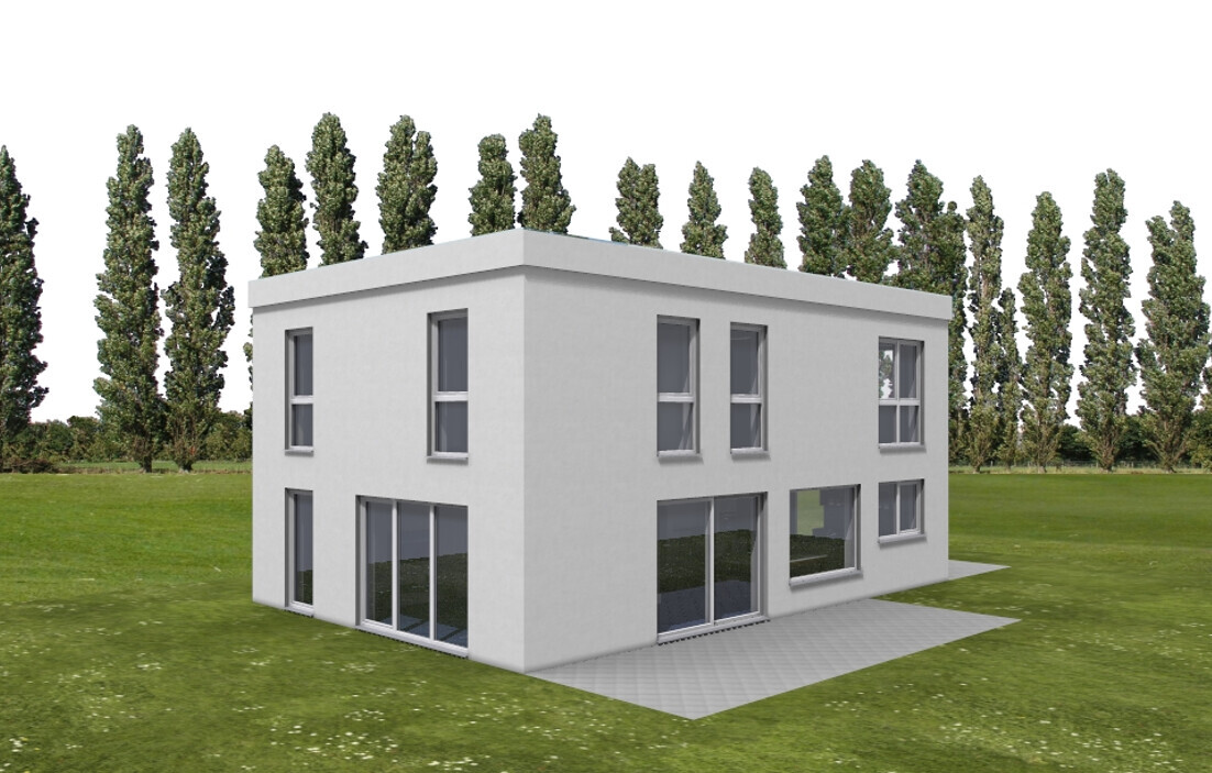 Moderner zweistöckiger weißer Neubau mit großen Fenstern auf grünem Rasen, Baumreihe im Hintergrund.