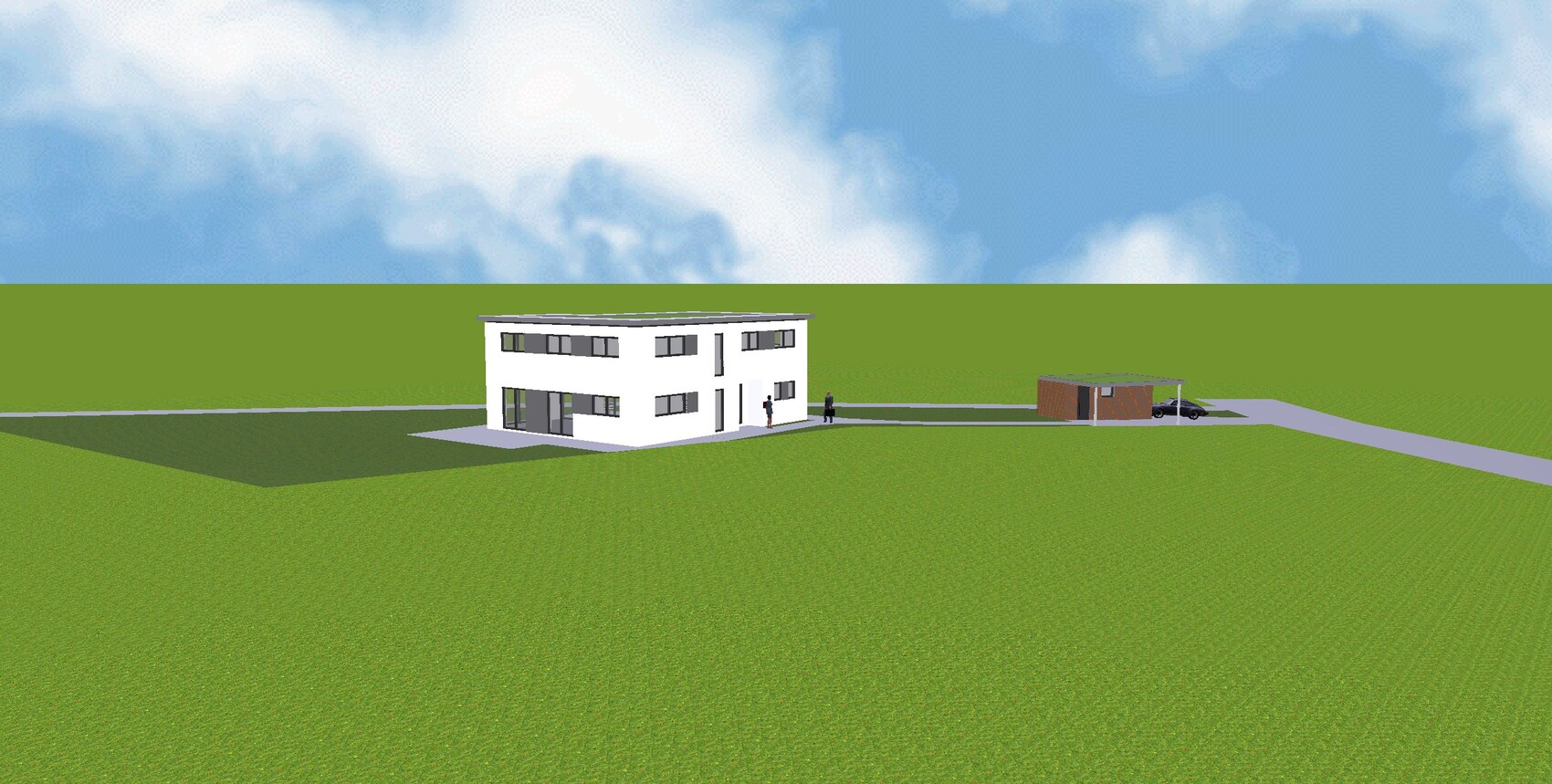 Moderne weiße zweistöckige Villa mit Flachdach, Einfahrt, Carport; Auto und Personen am Eingang