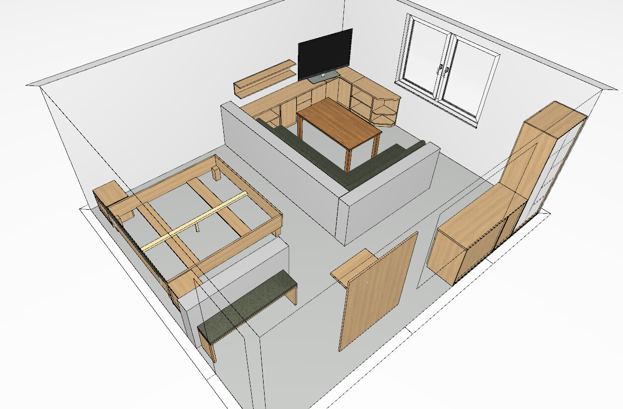 3D-Render eines Wohnraums mit L-Sofa, TV-Wand, Couchtisch, Regal, Bettgestell und Fenster.