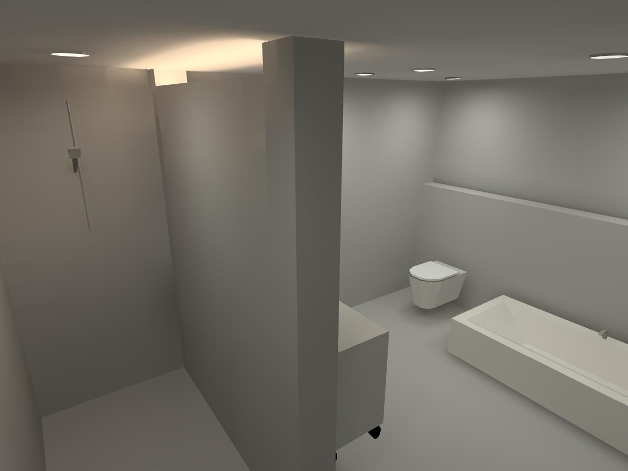 Moderne Badezimmeransicht: Dusche links, WC Mitte, Badewanne rechts.