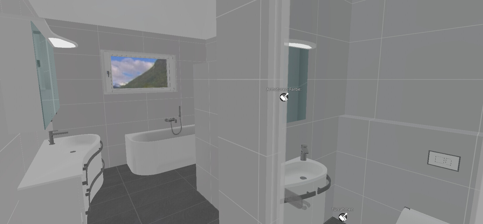 Virtueller Badezimmer-Entwurf mit Waschbecken, Badewanne, Fenster und Spiegel.