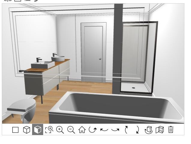 Moderne Badezimmer-3D-Planung: Badewanne, Dusche, Doppelwaschtisch, Toilette, Holzboden.
