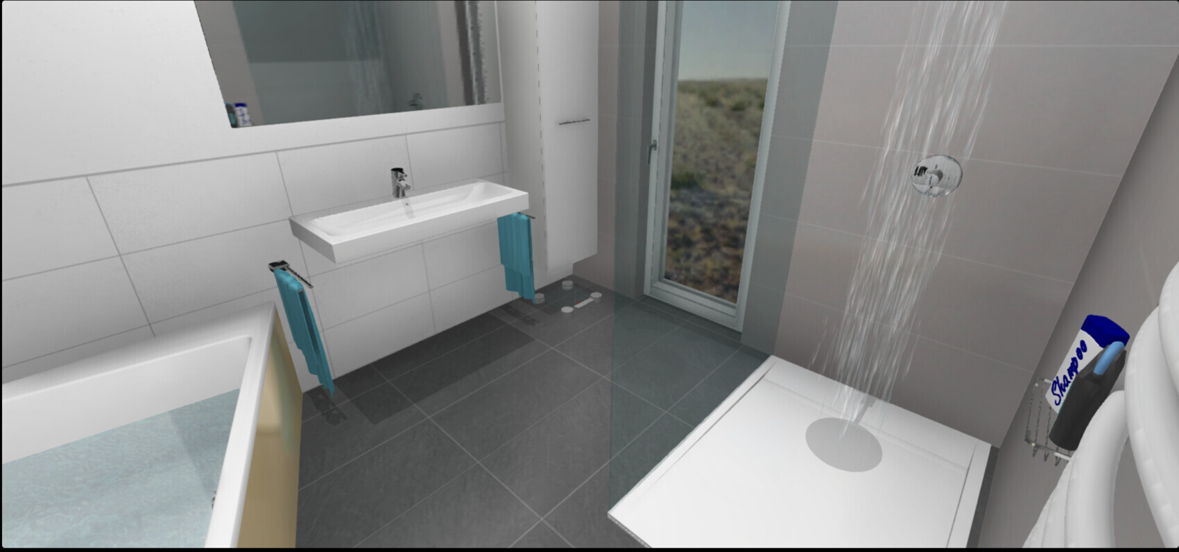 Moderne Badezimmerszene: Dusche, Waschbecken, Badewanne, blaue Handtücher, Fenster mit Aussicht.