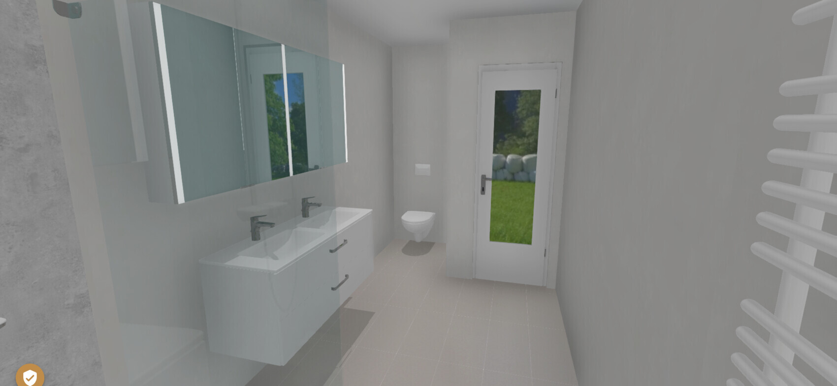 Modernes Badezimmer: Doppelwaschtisch, Spiegel, wandhängendes WC, Tür mit Blick ins Grüne.