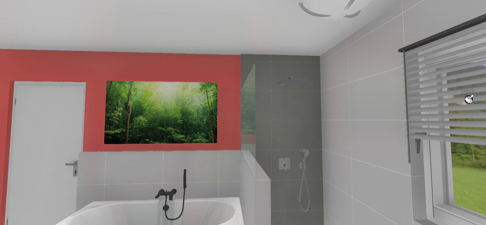 Modernes Badezimmer: rote Akzentwand mit Wald-Wandbild, Badewanne, Dusche, Fenster mit Jalousien