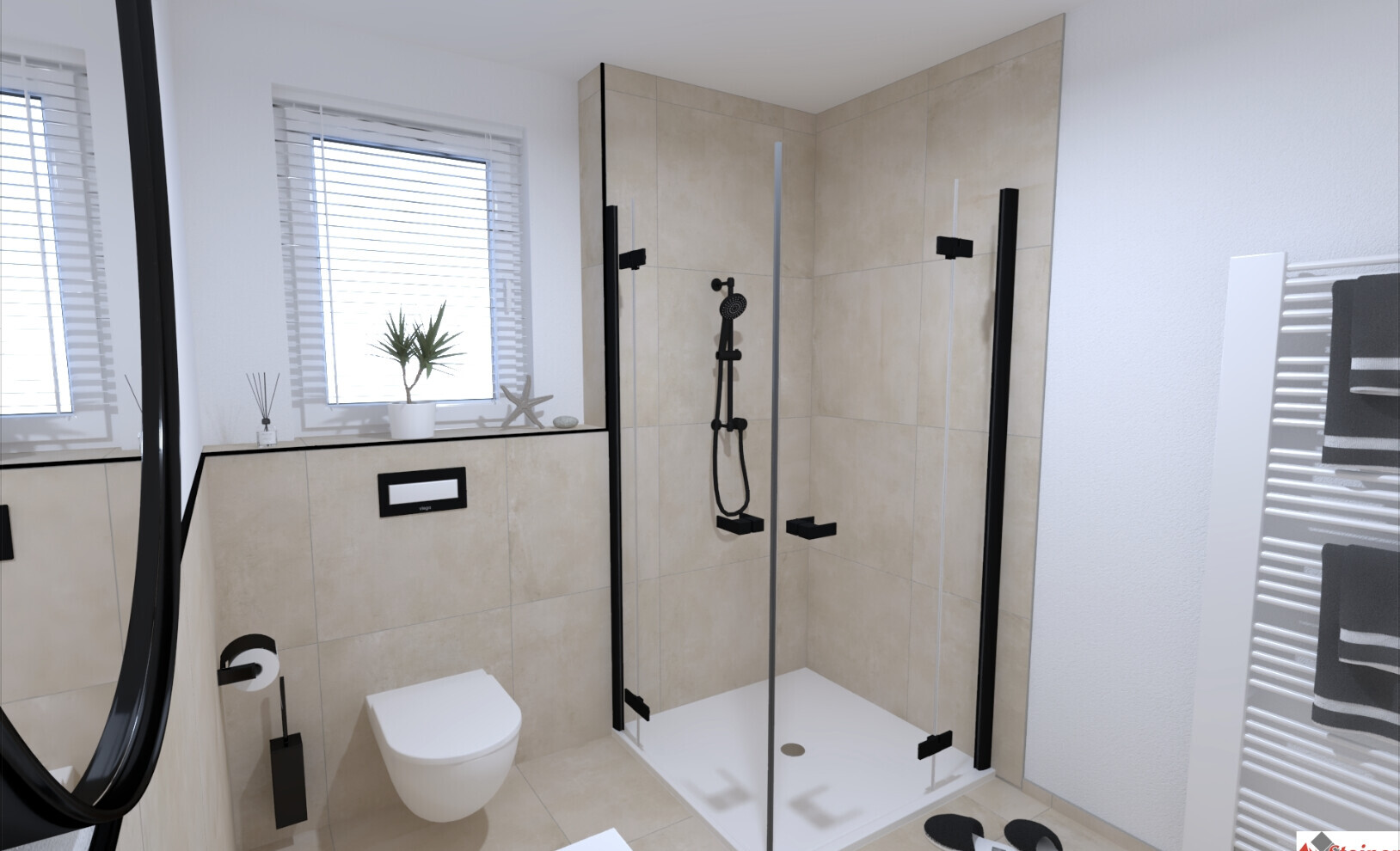 Modernes Badezimmer mit beigen Fliesen, Glasdusche und Handtuchheizkörper