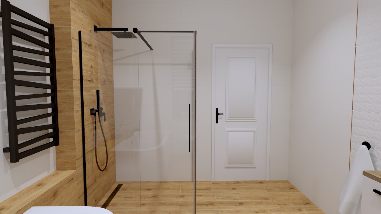 Modernes Badezimmer mit Glasdusche, Holzverkleidung, schwarzem Heizkörper und weißer Tür.
