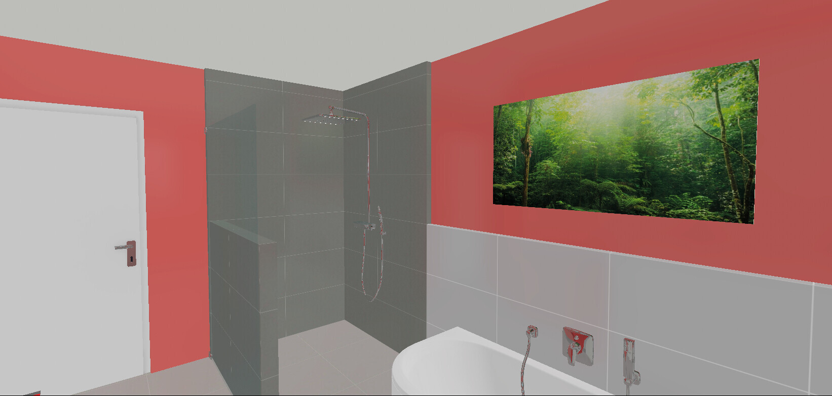 Badezimmer mit roter Wand, grauen Fliesen, Dusche und Badewanne; Waldbild an der Wand.