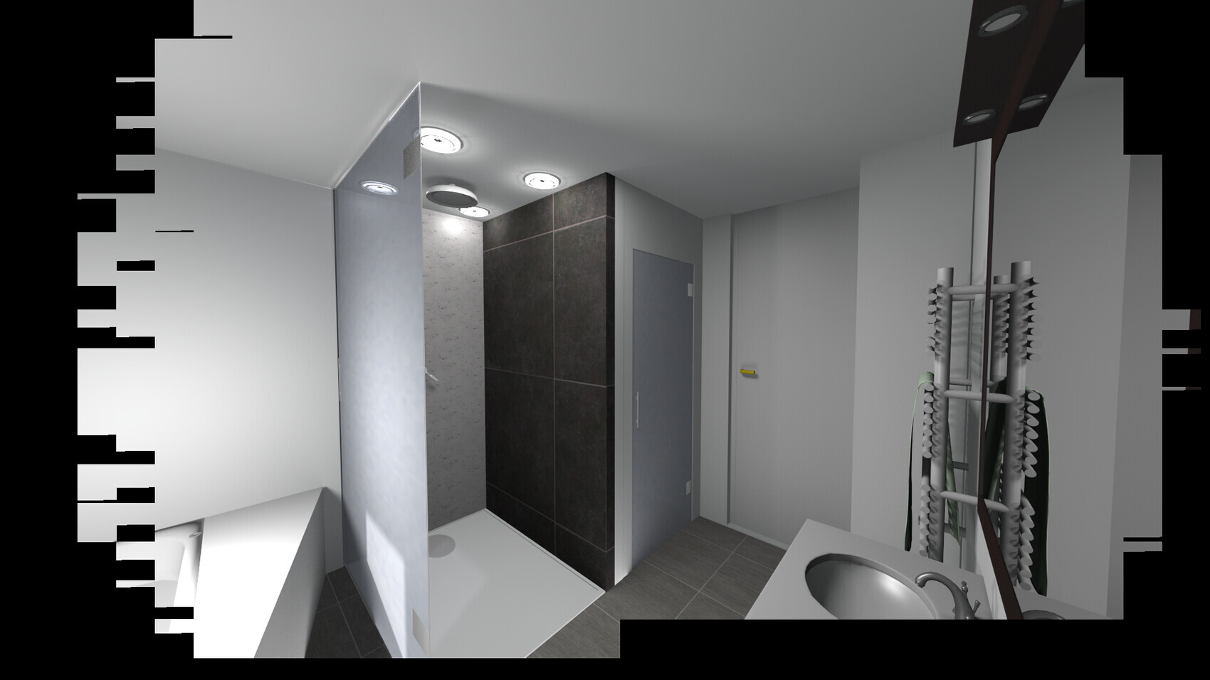 Modernes Badezimmer mit Dusche, dunklen Fliesen, Waschbecken und Handtuchständer.