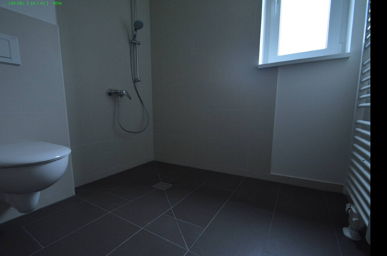 Badezimmer mit wandhängendem WC, Dusche mit Handbrause, Fenster und Heizkörper.