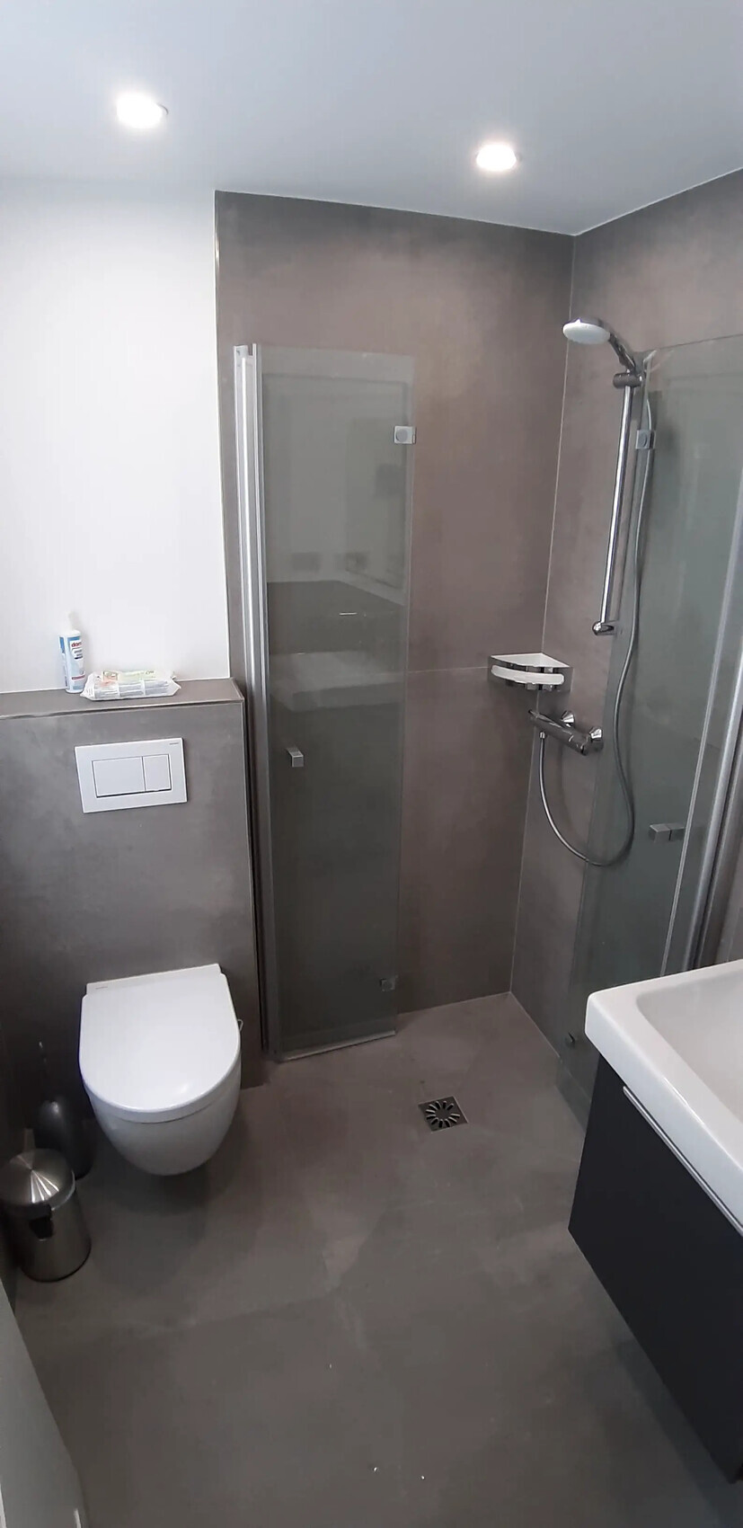 Modernes Badezimmer mit Glasdusche, wandhängendem WC, Spüle und grauen Fliesen