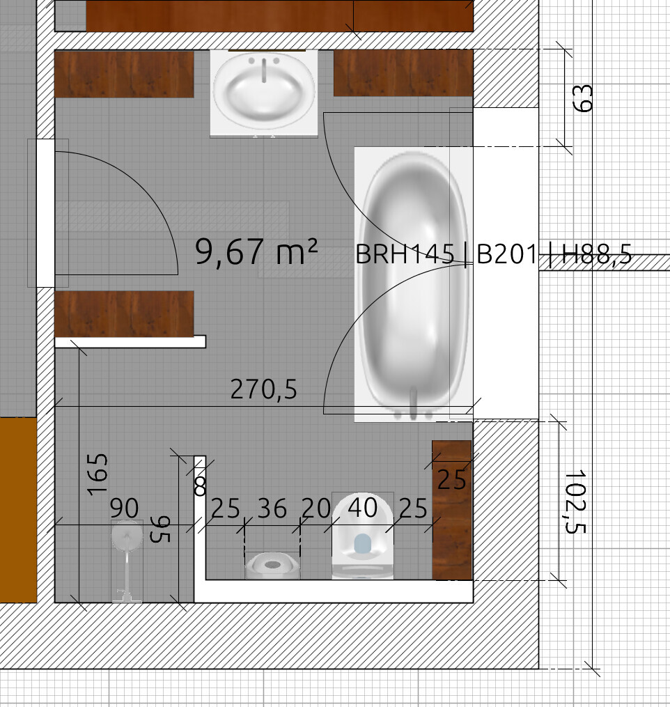 Grundriss eines 9,67 m² großen Badezimmers mit Waschbecken, Badewanne und Toilette.