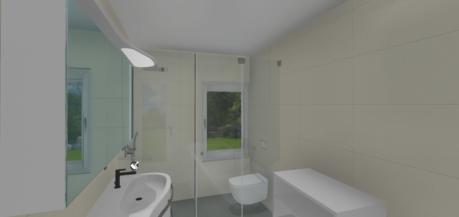 Moderne Badezimmerfront mit Glasdusche, Wandtoilette, Waschbecken, Fenster und beige Fliesen.