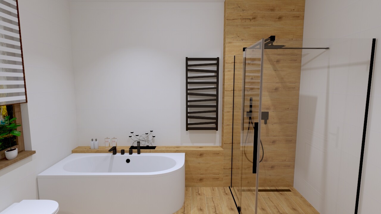 Modernes Badezimmer: freistehende Badewanne, Glasdusche, Holzverkleidung, Fensterbank mit Pflanze.