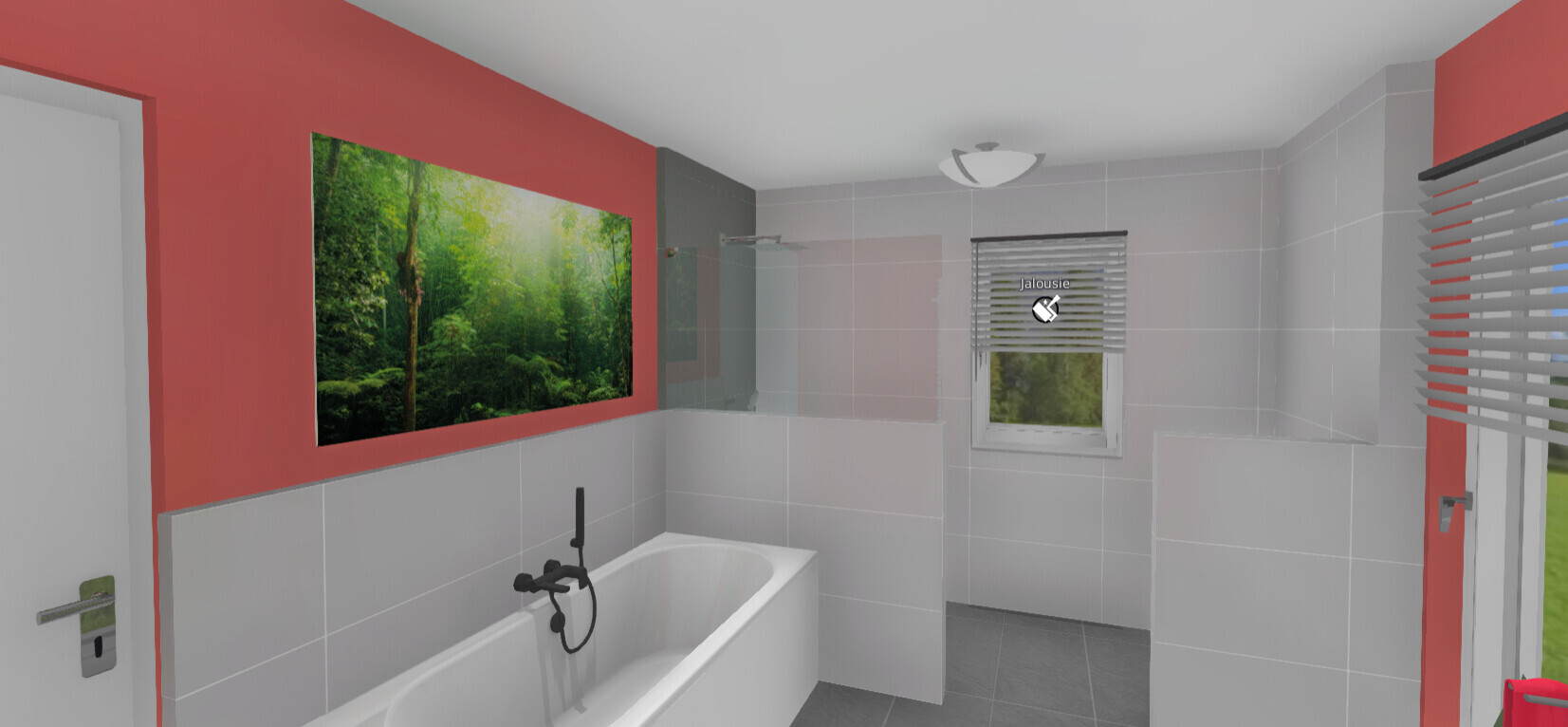 Moderne Badewanne vor roter Akzentwand mit Waldbild, Glasdusche, Fenster mit Jalousien.