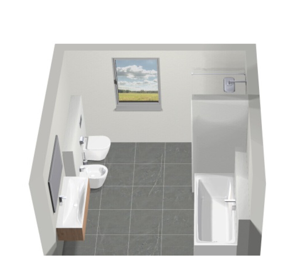 Badezimmer mit Toilette, Bidet, Waschbecken, Badewanne, Fenster