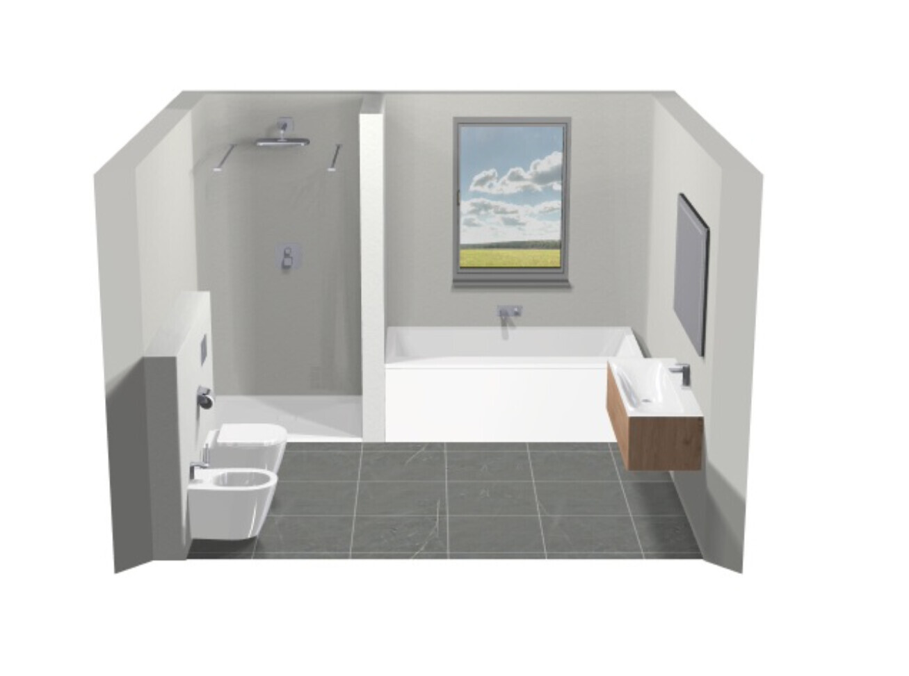 Moderne Badezimmeransicht: Dusche links, Badewanne hinten, Waschtisch rechts, Fenster darüber.