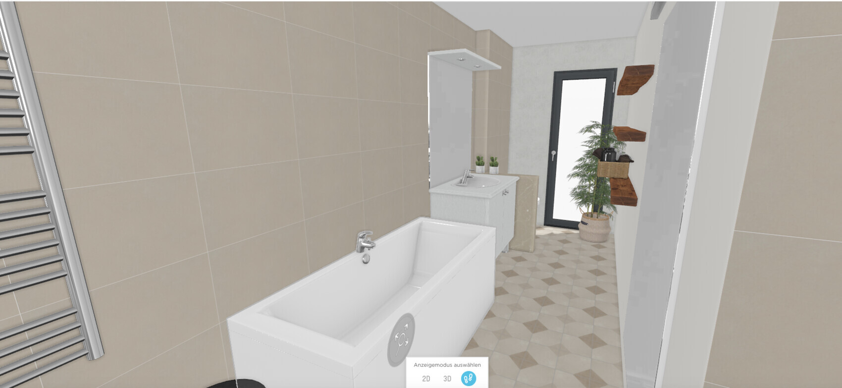 Moderne Badezimmer-3D: Badewanne links, Waschbecken, Tür mit Glasfenster, Pflanze.