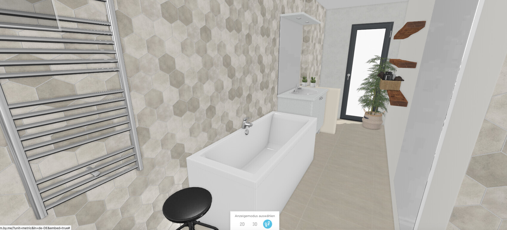 Modernes Badezimmer mit weißer Badewanne, Waschbecken, Spiegel, Heizkörper, Holzregale und Pflanze.