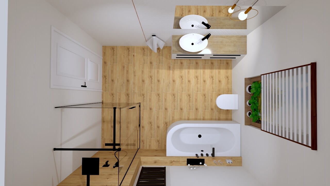 Modernes Badezimmer mit Badewanne, Dusche, Doppelwaschbecken, Toilette, Holzboden und Pflanzenecke.