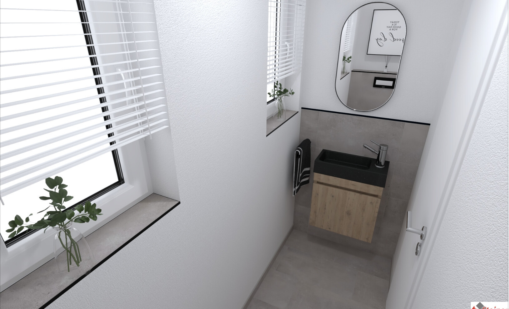 Kleines modernes Badezimmer mit Waschbecken, Spiegel und Fensterjalousien (3D-Render)