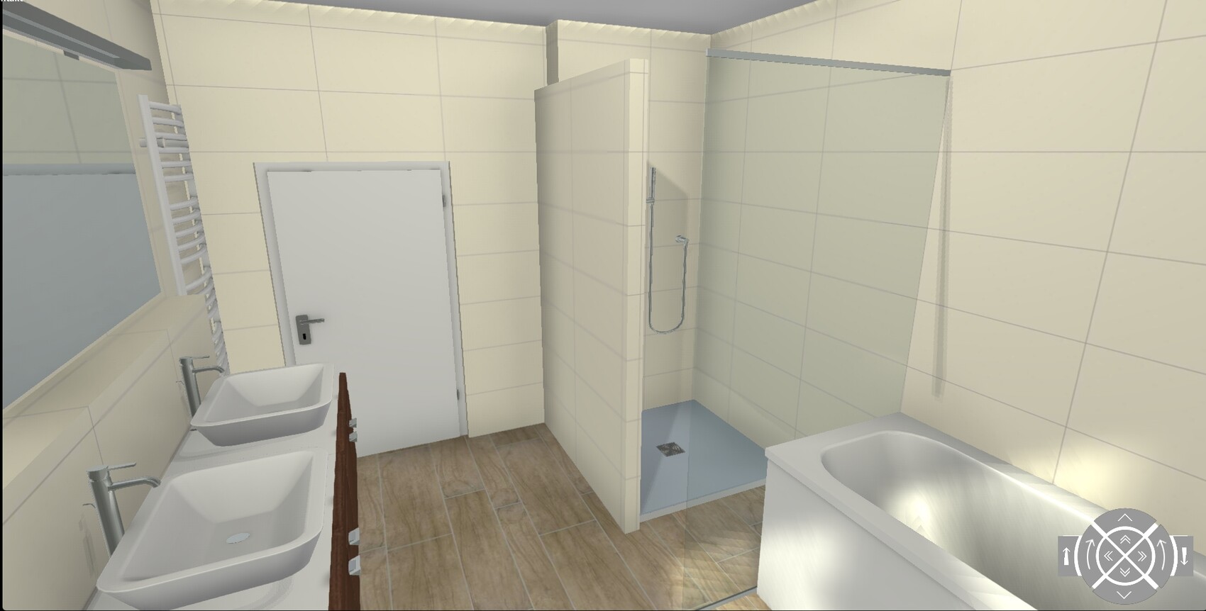 Moderne 3D-Badezimmer-Szene mit Doppelwaschbecken, Dusche und Badewanne.