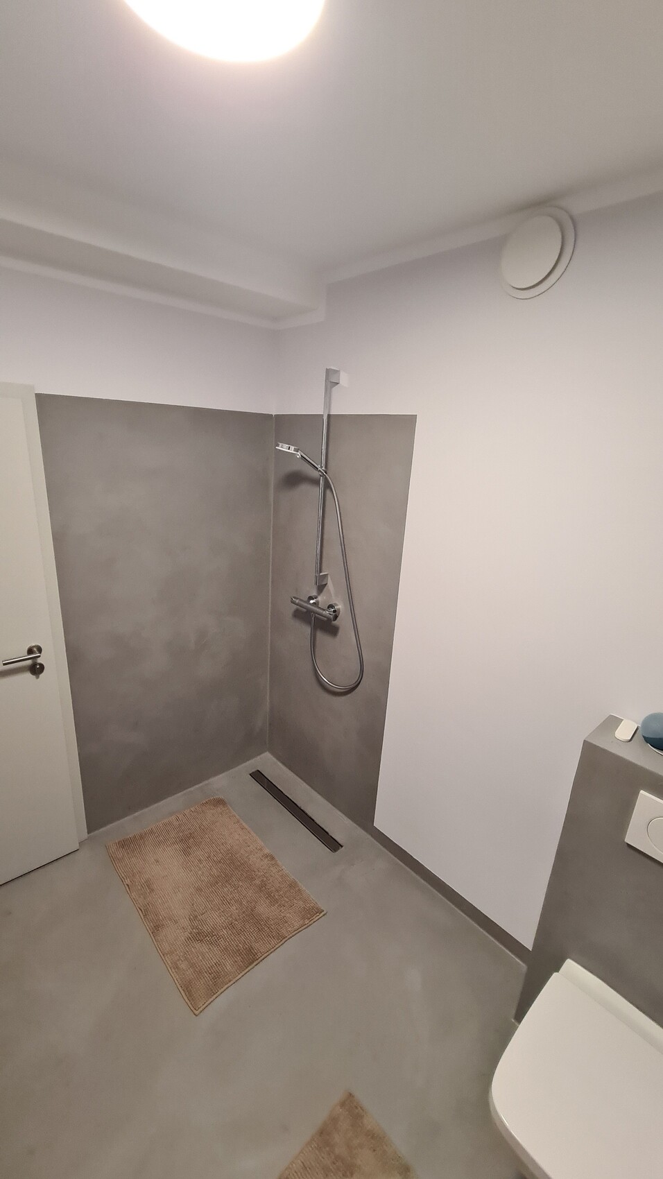 Modernes Badezimmer: Dusche mit Handbrause, graue Betonwände, Toilette, zwei braune Badteppiche.