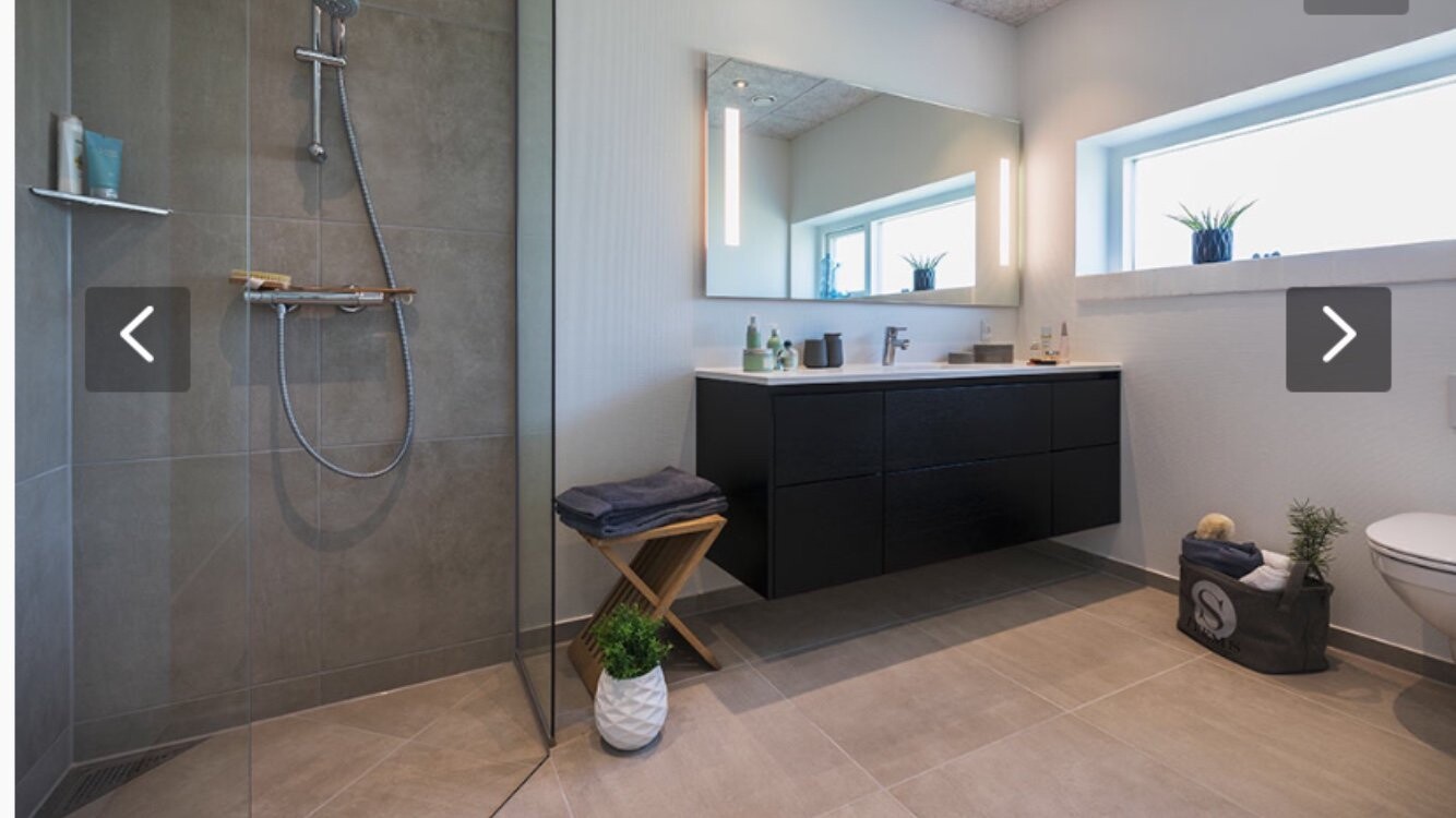 Modernes Badezimmer mit begehbarer Dusche, schwarzem Waschtisch, Spiegel und Fensterpflanzen.