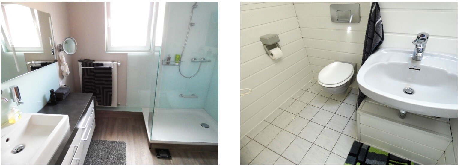 Modernes Badezimmer mit Glas-Dusche, Waschbecken, Spiegel, Handtuchwärmer und Toilette.
