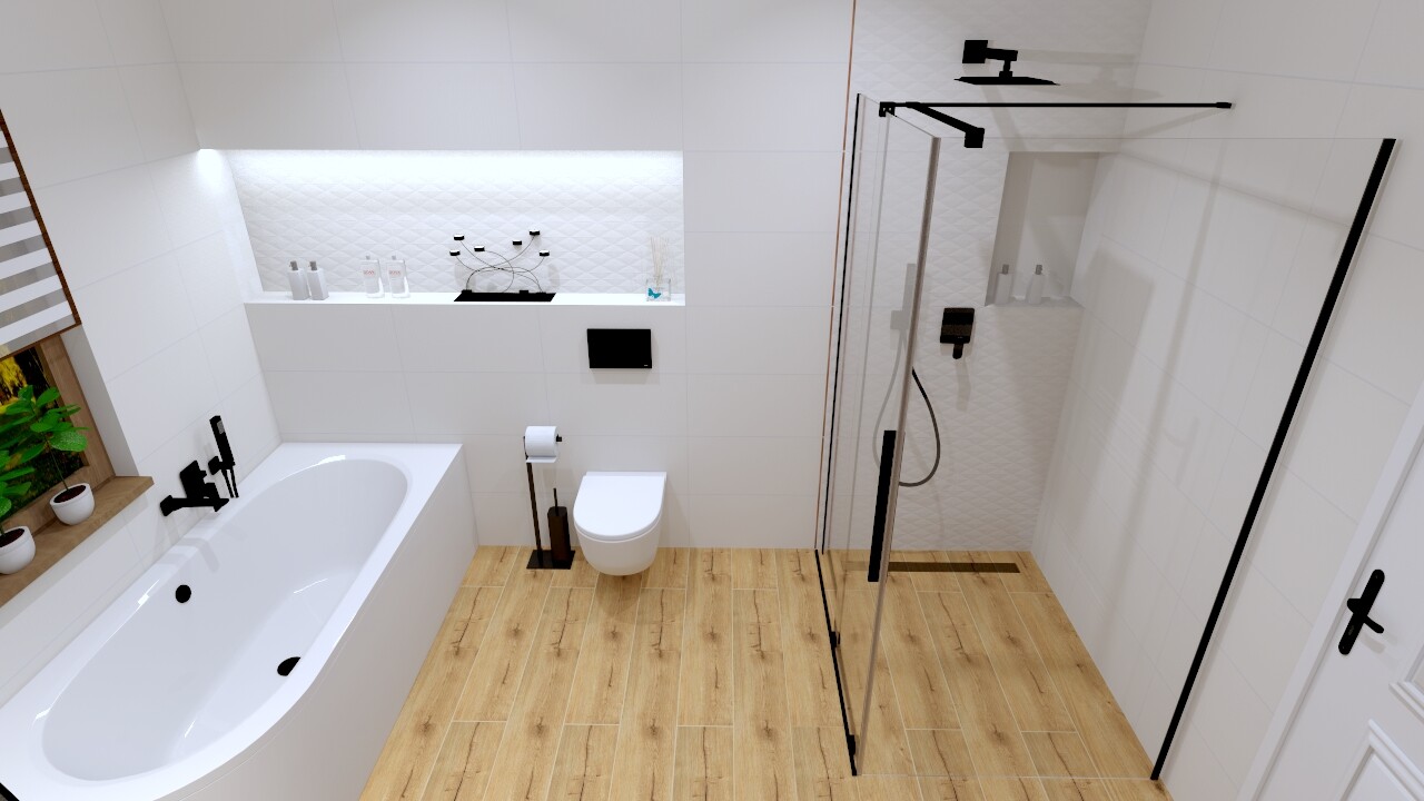 Moderne Badewanne links, Wandtoilette, Glasdusche rechts, Holzfußboden, Pflanzen am Fenster.