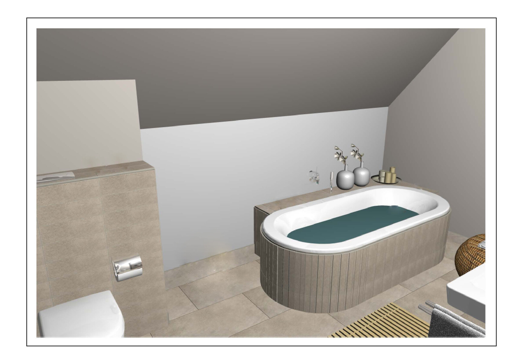 3D-Badezimmer mit moderner Badewanne, Fliesenboden und Armaturen in neutralen Tönen